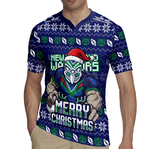 Personalized New Zealand Warriors Christmas Rugby Jersey Maori Rugby Fans - Pixelated Ugly Xmas Pattern Mascot Santa