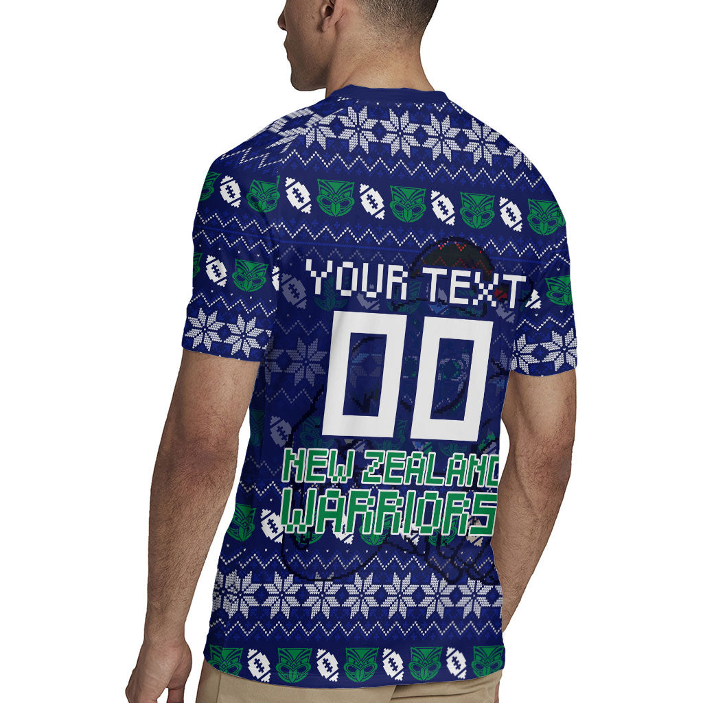 Personalized New Zealand Warriors Christmas Rugby Jersey Maori Rugby Fans - Pixelated Ugly Xmas Pattern Mascot Santa