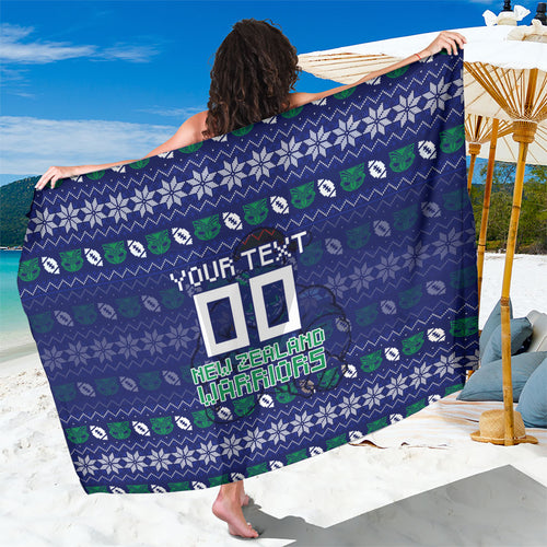Personalized New Zealand Warriors Christmas Sarong Maori Rugby Fans - Pixelated Ugly Xmas Pattern Mascot Santa