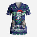 Personalized New Zealand Warriors Christmas Scrub Top Maori Rugby Fans - Pixelated Ugly Xmas Pattern Mascot Santa