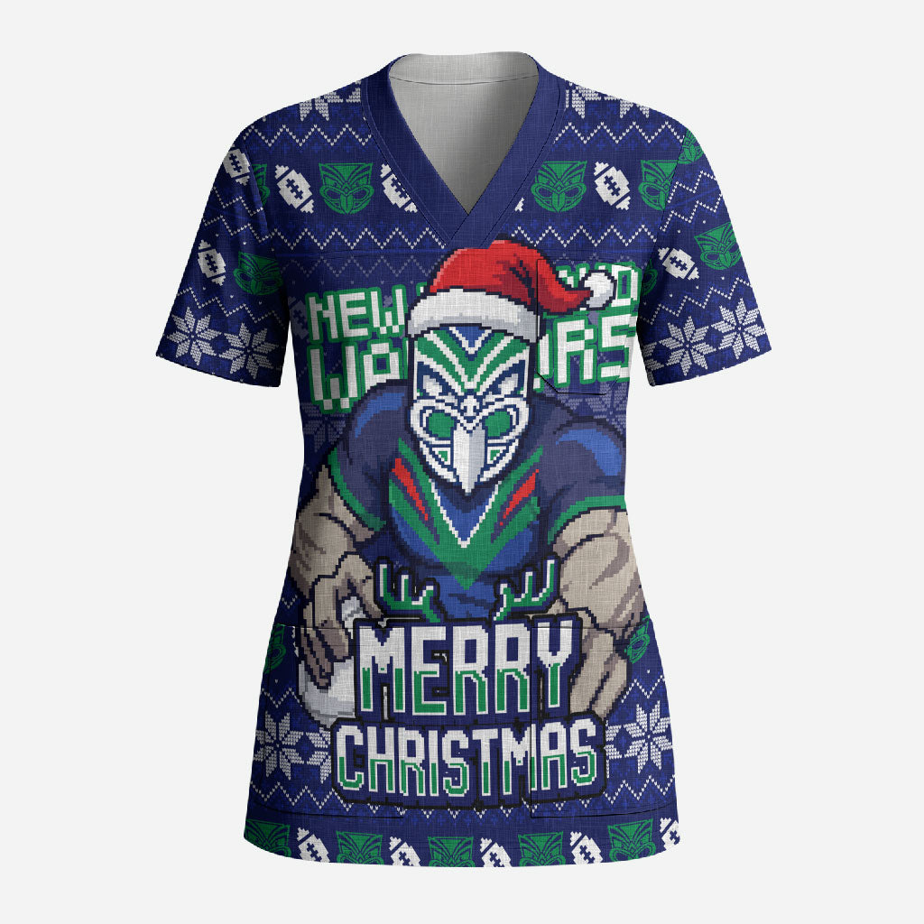 Personalized New Zealand Warriors Christmas Scrub Top Maori Rugby Fans - Pixelated Ugly Xmas Pattern Mascot Santa