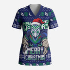 Personalized New Zealand Warriors Christmas Scrub Top Maori Rugby Fans - Pixelated Ugly Xmas Pattern Mascot Santa
