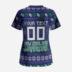 Personalized New Zealand Warriors Christmas Scrub Top Maori Rugby Fans - Pixelated Ugly Xmas Pattern Mascot Santa