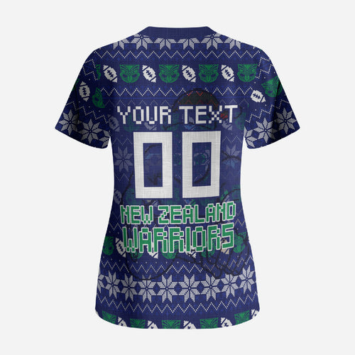 Personalized New Zealand Warriors Christmas Scrub Top Maori Rugby Fans - Pixelated Ugly Xmas Pattern Mascot Santa