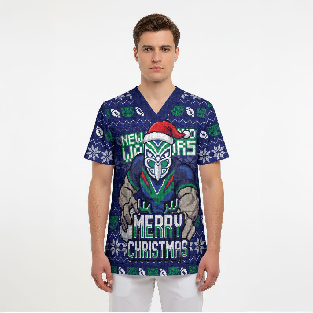 Personalized New Zealand Warriors Christmas Scrub Top Maori Rugby Fans - Pixelated Ugly Xmas Pattern Mascot Santa