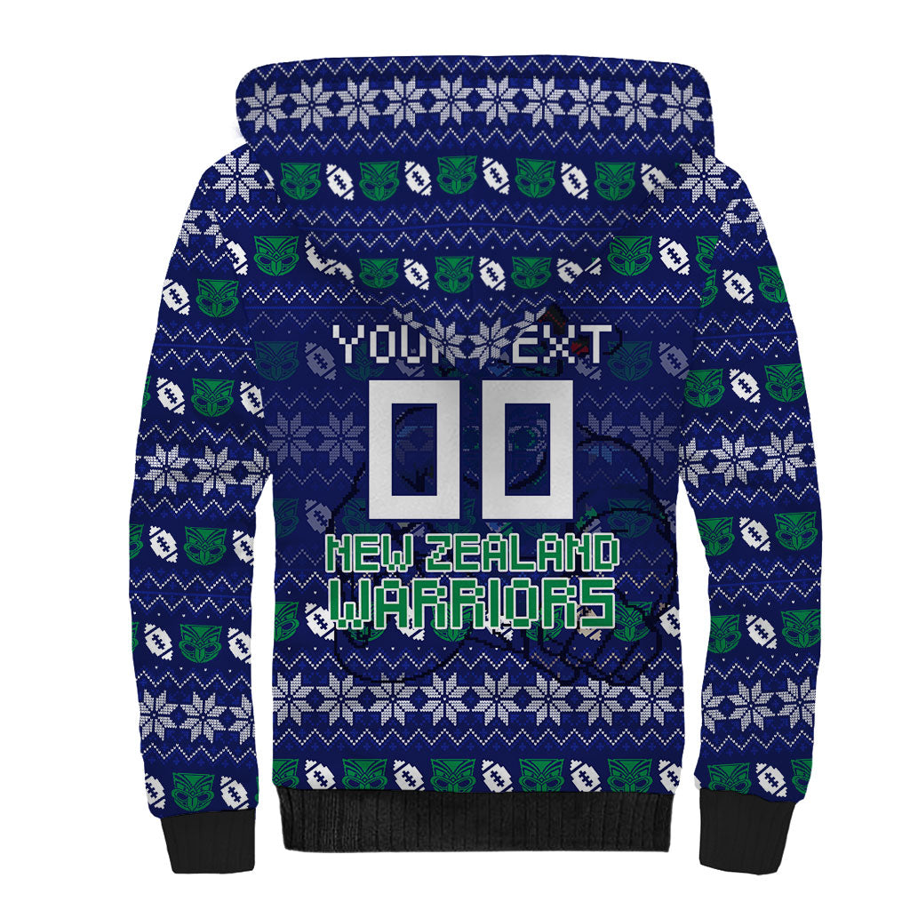 Personalized New Zealand Warriors Christmas Sherpa Hoodie Maori Rugby Fans - Pixelated Ugly Xmas Pattern Mascot Santa
