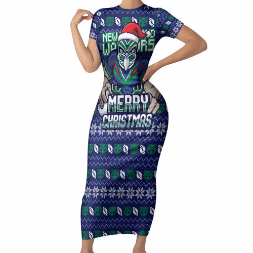 Personalized New Zealand Warriors Christmas Short Sleeve Bodycon Dress Maori Rugby Fans - Pixelated Ugly Xmas Pattern Mascot Santa