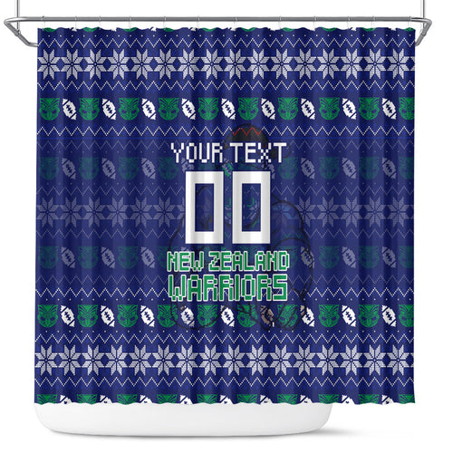 Personalized New Zealand Warriors Christmas Shower Curtain Maori Rugby Fans - Pixelated Ugly Xmas Pattern Mascot Santa