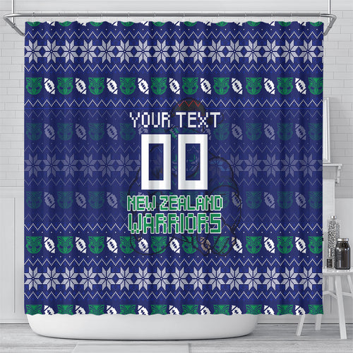 Personalized New Zealand Warriors Christmas Shower Curtain Maori Rugby Fans - Pixelated Ugly Xmas Pattern Mascot Santa