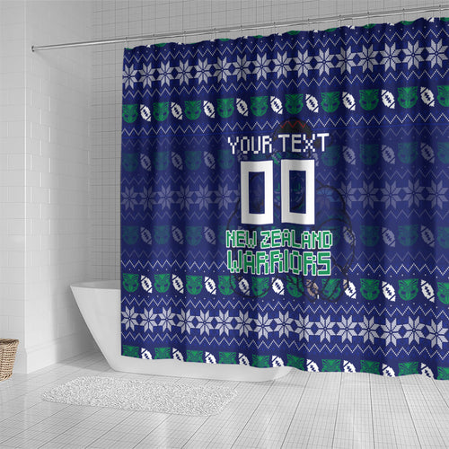 Personalized New Zealand Warriors Christmas Shower Curtain Maori Rugby Fans - Pixelated Ugly Xmas Pattern Mascot Santa
