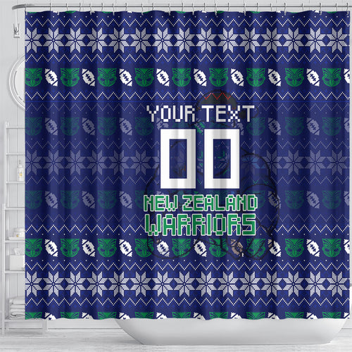 Personalized New Zealand Warriors Christmas Shower Curtain Maori Rugby Fans - Pixelated Ugly Xmas Pattern Mascot Santa