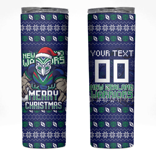 Personalized New Zealand Warriors Christmas Skinny Tumbler Maori Rugby Fans - Pixelated Ugly Xmas Pattern Mascot Santa