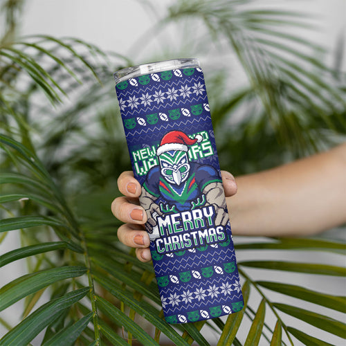 Personalized New Zealand Warriors Christmas Skinny Tumbler Maori Rugby Fans - Pixelated Ugly Xmas Pattern Mascot Santa