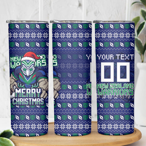 Personalized New Zealand Warriors Christmas Skinny Tumbler Maori Rugby Fans - Pixelated Ugly Xmas Pattern Mascot Santa