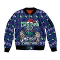 Personalized New Zealand Warriors Christmas Sleeve Zip Bomber Jacket Maori Rugby Fans - Pixelated Ugly Xmas Pattern Mascot Santa