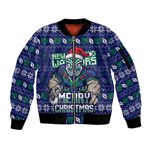 Personalized New Zealand Warriors Christmas Sleeve Zip Bomber Jacket Maori Rugby Fans - Pixelated Ugly Xmas Pattern Mascot Santa