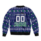 Personalized New Zealand Warriors Christmas Sleeve Zip Bomber Jacket Maori Rugby Fans - Pixelated Ugly Xmas Pattern Mascot Santa