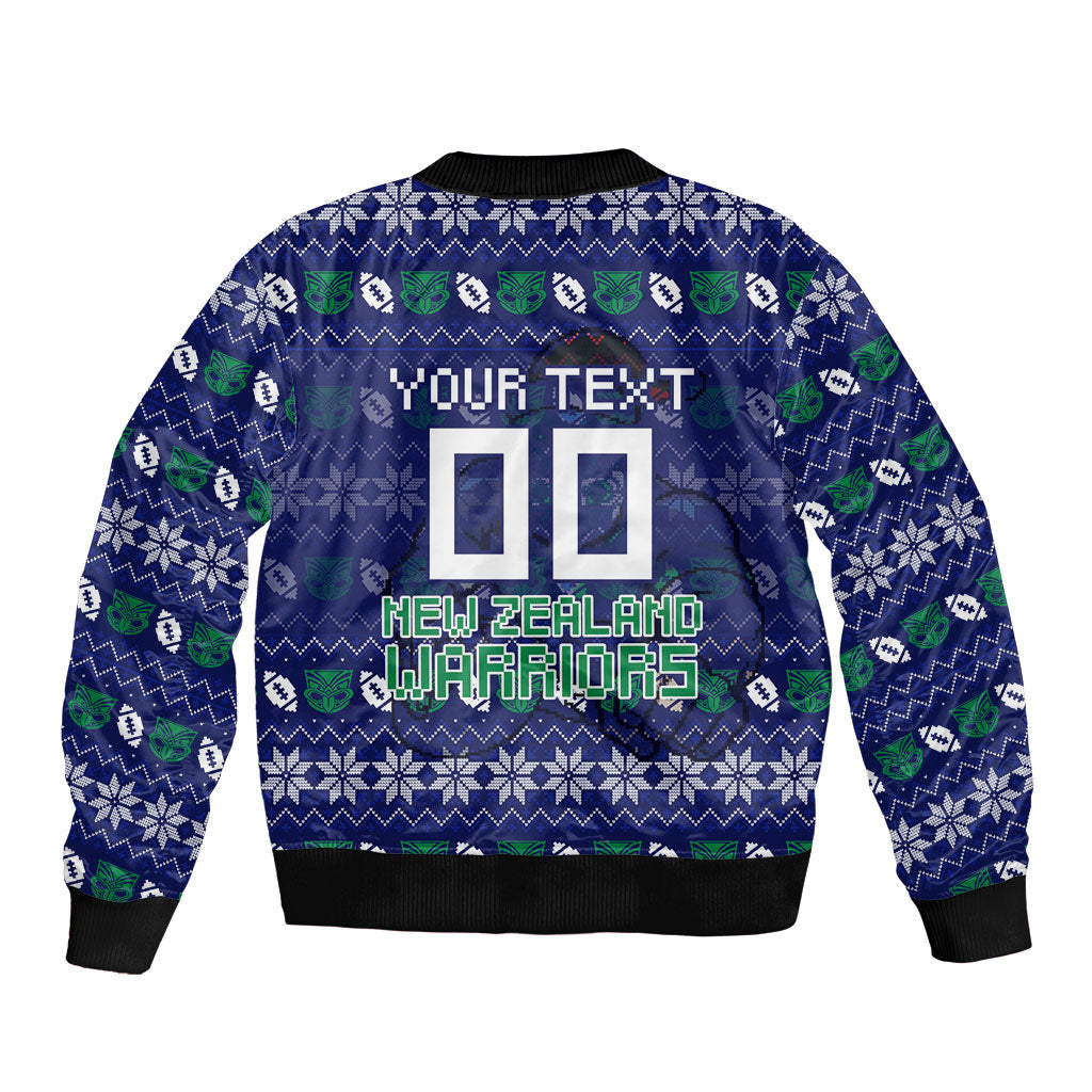 Personalized New Zealand Warriors Christmas Sleeve Zip Bomber Jacket Maori Rugby Fans - Pixelated Ugly Xmas Pattern Mascot Santa