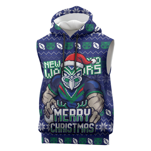 Personalized New Zealand Warriors Christmas Sleeveless Hoodie Maori Rugby Fans - Pixelated Ugly Xmas Pattern Mascot Santa
