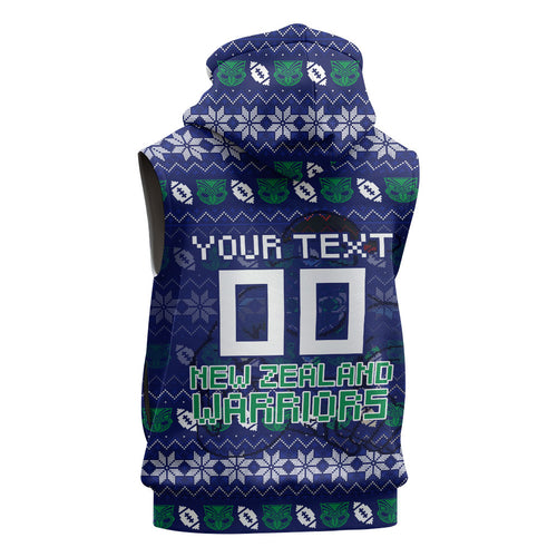 Personalized New Zealand Warriors Christmas Sleeveless Hoodie Maori Rugby Fans - Pixelated Ugly Xmas Pattern Mascot Santa