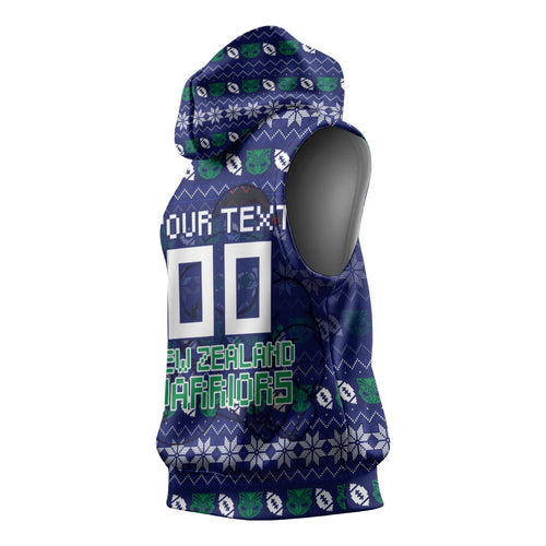 Personalized New Zealand Warriors Christmas Sleeveless Hoodie Maori Rugby Fans - Pixelated Ugly Xmas Pattern Mascot Santa
