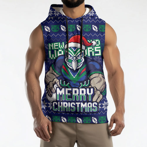 Personalized New Zealand Warriors Christmas Sleeveless Hoodie Maori Rugby Fans - Pixelated Ugly Xmas Pattern Mascot Santa