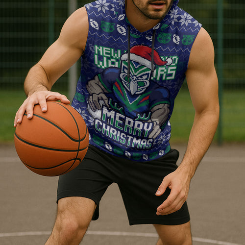 Personalized New Zealand Warriors Christmas Sleeveless Hoodie Maori Rugby Fans - Pixelated Ugly Xmas Pattern Mascot Santa