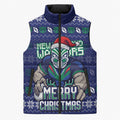 Personalized New Zealand Warriors Christmas Sleeveless Puffer Jacket Maori Rugby Fans - Pixelated Ugly Xmas Pattern Mascot Santa