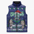 Personalized New Zealand Warriors Christmas Sleeveless Puffer Jacket Maori Rugby Fans - Pixelated Ugly Xmas Pattern Mascot Santa