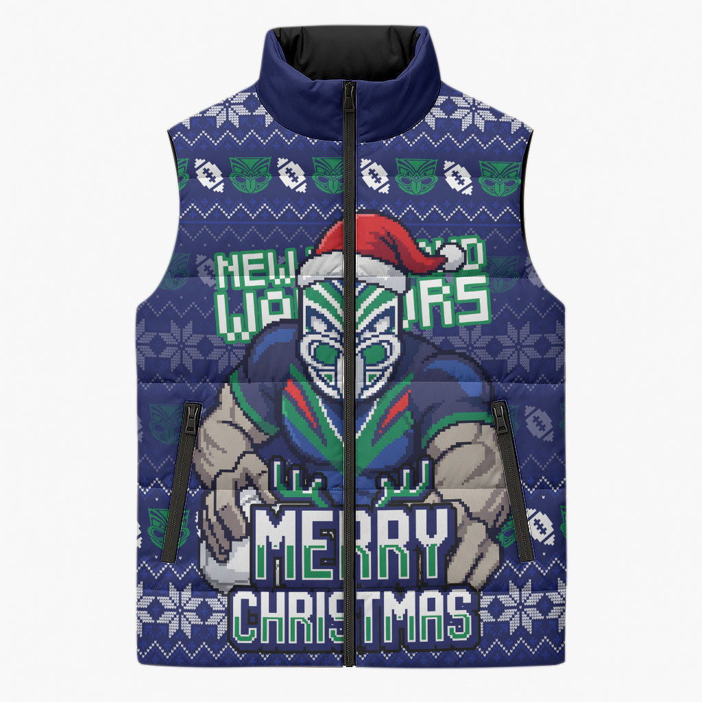 Personalized New Zealand Warriors Christmas Sleeveless Puffer Jacket Maori Rugby Fans - Pixelated Ugly Xmas Pattern Mascot Santa
