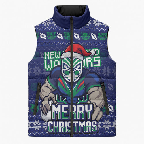 Personalized New Zealand Warriors Christmas Sleeveless Puffer Jacket Maori Rugby Fans - Pixelated Ugly Xmas Pattern Mascot Santa