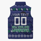 Personalized New Zealand Warriors Christmas Sleeveless Puffer Jacket Maori Rugby Fans - Pixelated Ugly Xmas Pattern Mascot Santa