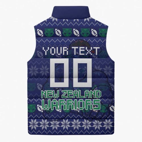 Personalized New Zealand Warriors Christmas Sleeveless Puffer Jacket Maori Rugby Fans - Pixelated Ugly Xmas Pattern Mascot Santa