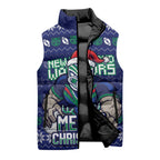 Personalized New Zealand Warriors Christmas Sleeveless Puffer Jacket Maori Rugby Fans - Pixelated Ugly Xmas Pattern Mascot Santa