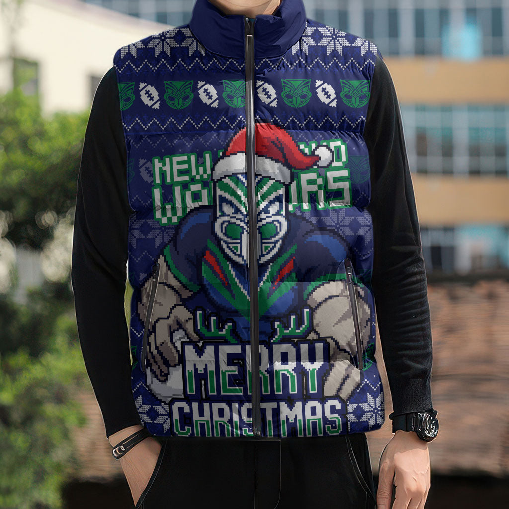 Personalized New Zealand Warriors Christmas Sleeveless Puffer Jacket Maori Rugby Fans - Pixelated Ugly Xmas Pattern Mascot Santa