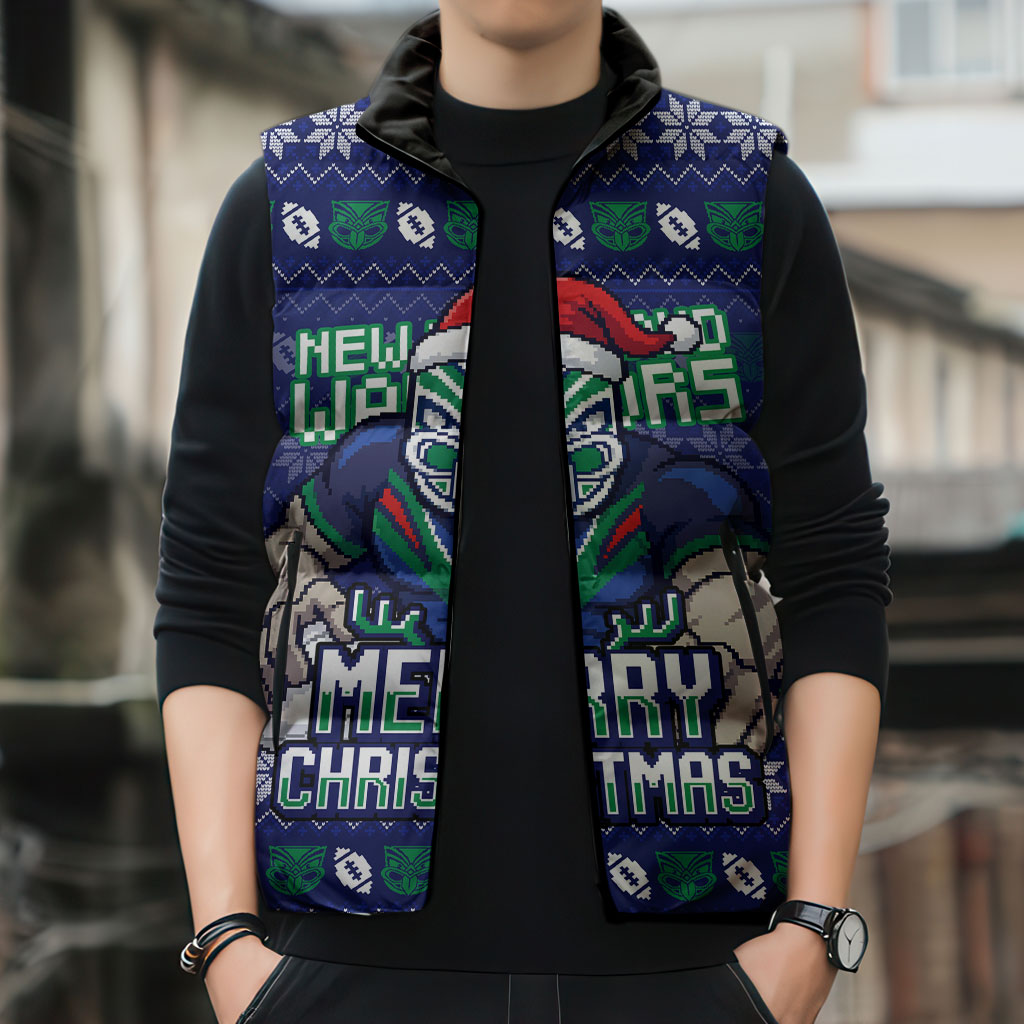 Personalized New Zealand Warriors Christmas Sleeveless Puffer Jacket Maori Rugby Fans - Pixelated Ugly Xmas Pattern Mascot Santa