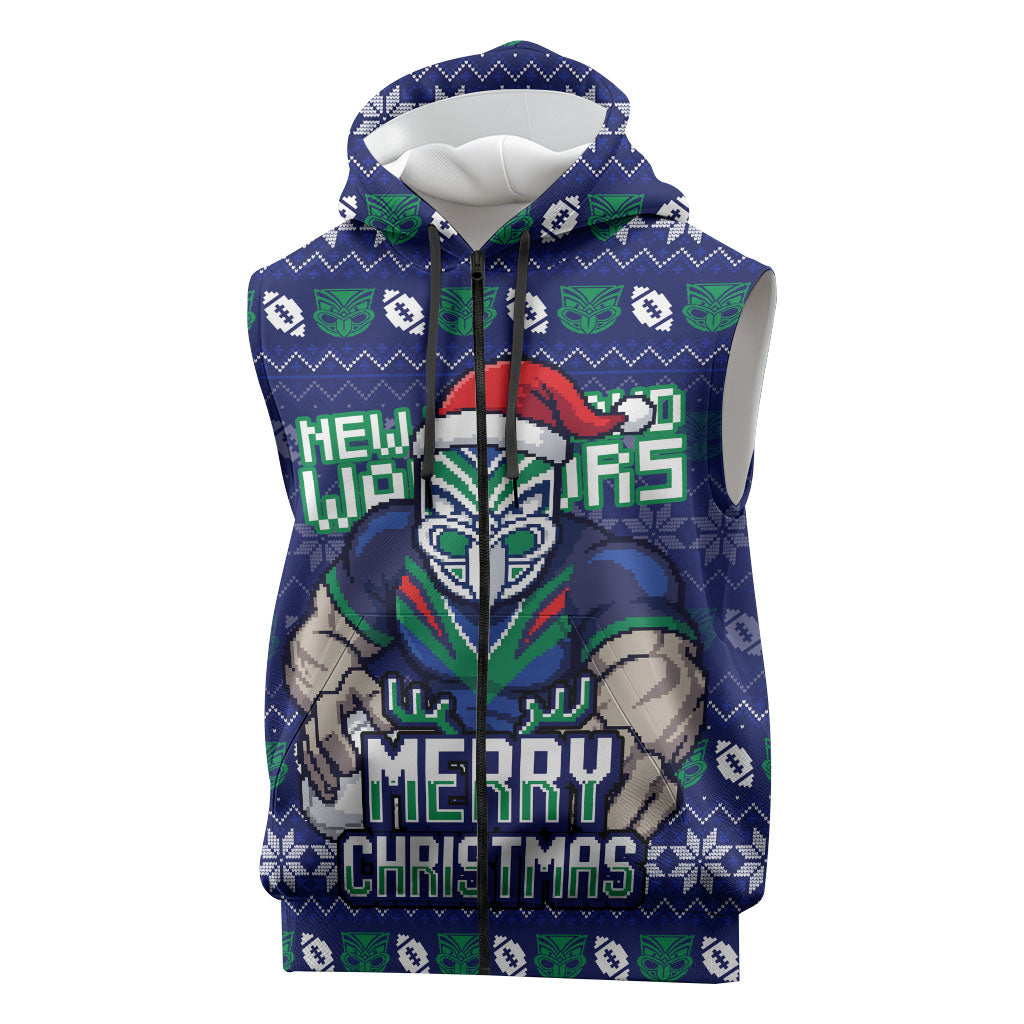 Personalized New Zealand Warriors Christmas Sleeveless Zip Hoodie Maori Rugby Fans - Pixelated Ugly Xmas Pattern Mascot Santa