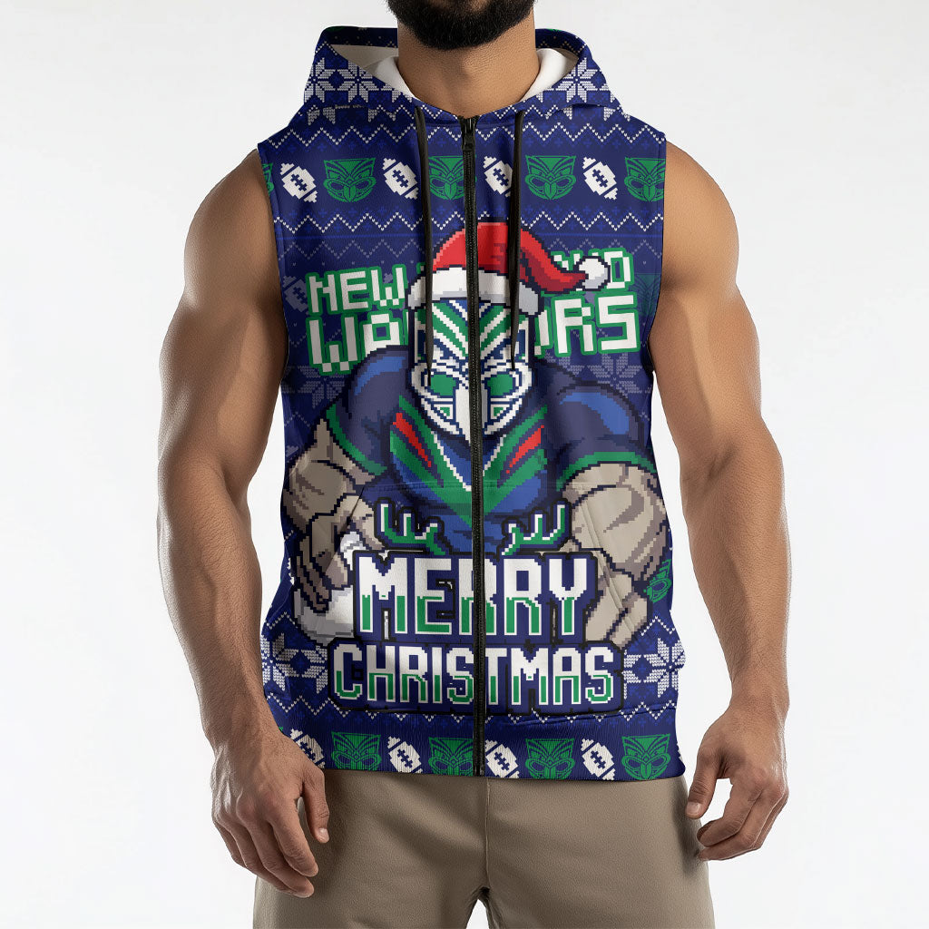 Personalized New Zealand Warriors Christmas Sleeveless Zip Hoodie Maori Rugby Fans - Pixelated Ugly Xmas Pattern Mascot Santa