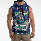 Personalized New Zealand Warriors Christmas Sleeveless Zip Hoodie Maori Rugby Fans - Pixelated Ugly Xmas Pattern Mascot Santa