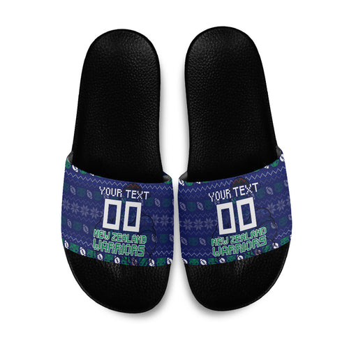 Personalized New Zealand Warriors Christmas Slide Sandals Maori Rugby Fans - Pixelated Ugly Xmas Pattern Mascot Santa