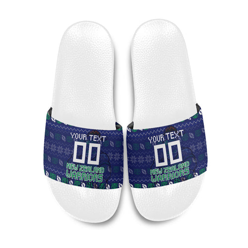 Personalized New Zealand Warriors Christmas Slide Sandals Maori Rugby Fans - Pixelated Ugly Xmas Pattern Mascot Santa