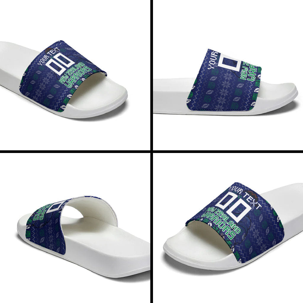 Personalized New Zealand Warriors Christmas Slide Sandals Maori Rugby Fans - Pixelated Ugly Xmas Pattern Mascot Santa