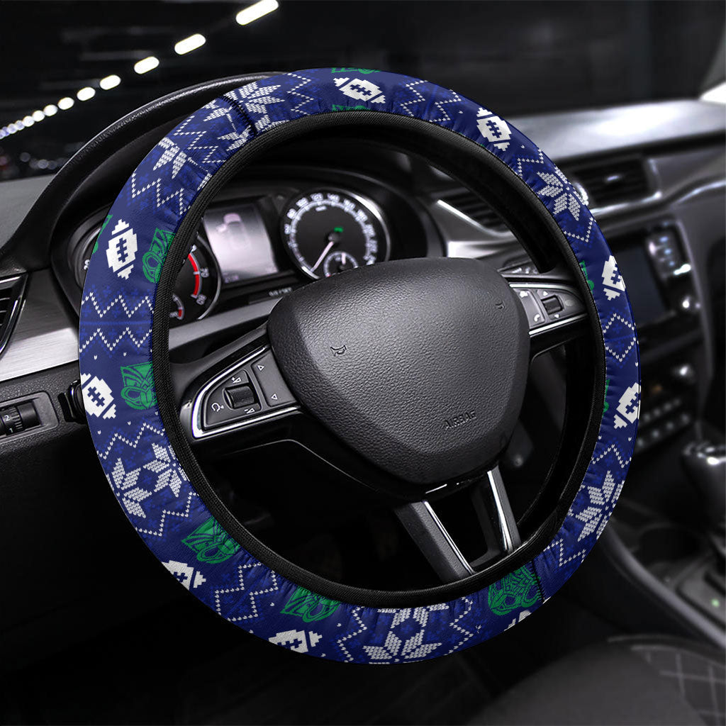New Zealand Warriors Christmas Steering Wheel Cover Maori Rugby Fans - Pixelated Ugly Xmas Pattern Mascot Santa