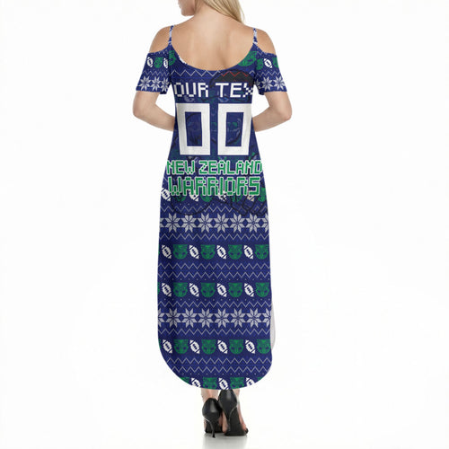 Personalized New Zealand Warriors Christmas Summer Maxi Dress Maori Rugby Fans - Pixelated Ugly Xmas Pattern Mascot Santa