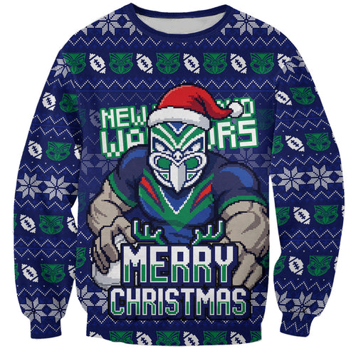 Personalized New Zealand Warriors Christmas Sweatshirt Maori Rugby Fans - Pixelated Ugly Xmas Pattern Mascot Santa