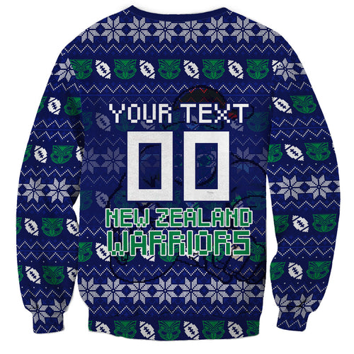 Personalized New Zealand Warriors Christmas Sweatshirt Maori Rugby Fans - Pixelated Ugly Xmas Pattern Mascot Santa