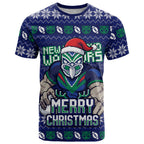 Personalized New Zealand Warriors Christmas T Shirt Maori Rugby Fans - Pixelated Ugly Xmas Pattern Mascot Santa