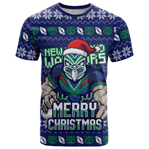 Personalized New Zealand Warriors Christmas T Shirt Maori Rugby Fans - Pixelated Ugly Xmas Pattern Mascot Santa