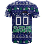 Personalized New Zealand Warriors Christmas T Shirt Maori Rugby Fans - Pixelated Ugly Xmas Pattern Mascot Santa