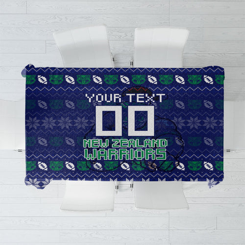 Personalized New Zealand Warriors Christmas Tablecloth Maori Rugby Fans - Pixelated Ugly Xmas Pattern Mascot Santa